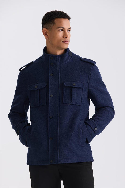 Navy Slim Fit Judge Collar With A Patchwork Sports Collar Jacket