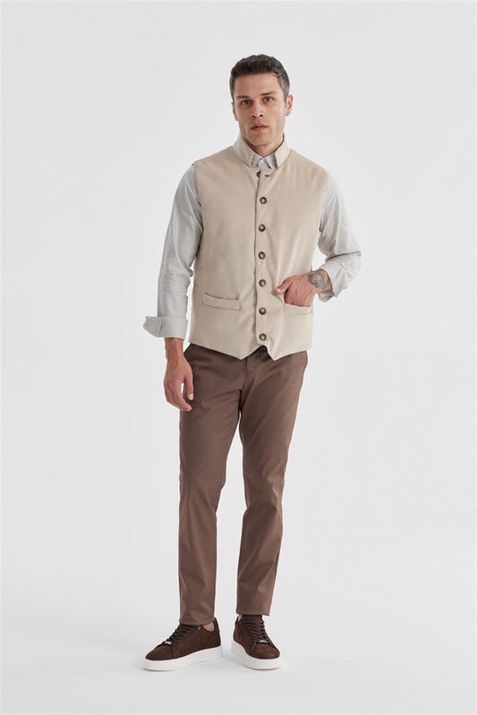 Beige Judge Collar Slim Fit Vest With Two Sides
