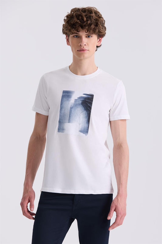 White Slim Fit Printed Round Collar T Shirt