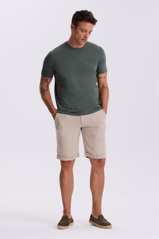 Khaki 100% Cotton Slim Fit Round Collar Basic T Shirt