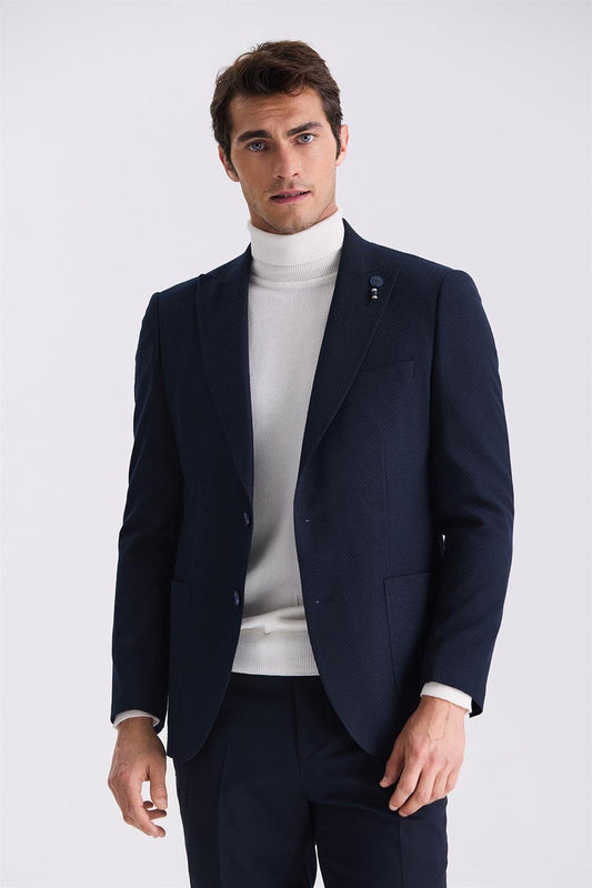 Navy Slim Fit Sharp Collar Sports Jacket With Pattern