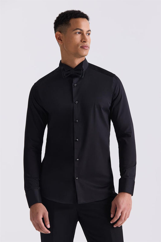 Black Slim Fit 100% Cotton Wing Collar With Buttons