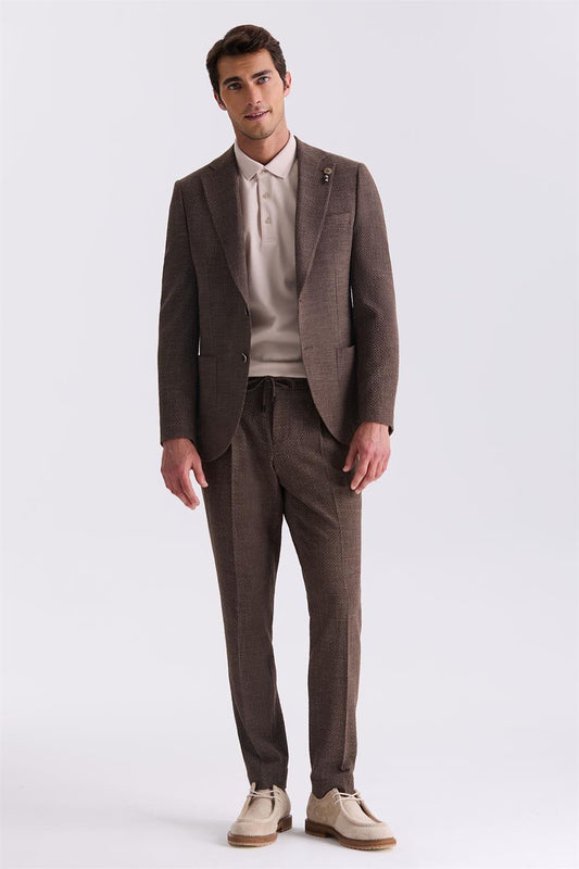 Coffee Slim Fit Single Collar Sports Suit With Pattern