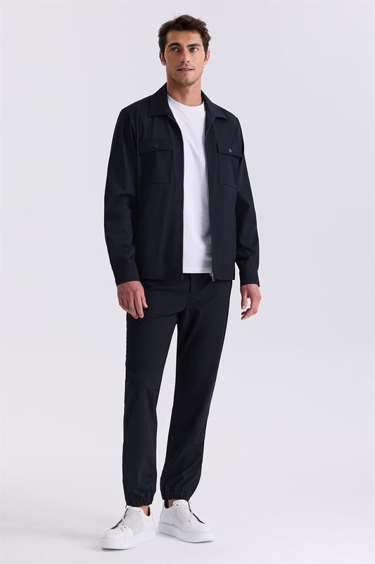 Navy Slim Fit Shirt Collar And Sports Suit