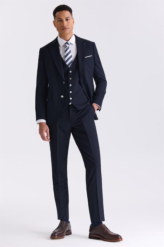 Navy Slim Fit Sharp Collar Suit With Velvet