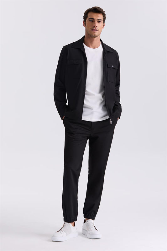 Black Slim Fit Shirt Collar And Sports Suit