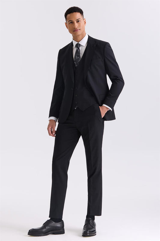 Black Slim Fit Sharp Collar Suit