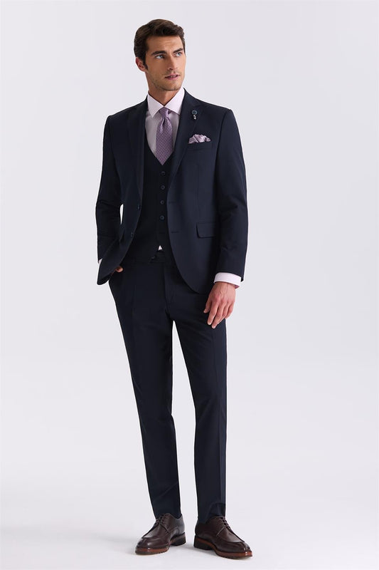 Navy Slim Fit Single Collar Suit With A Coat