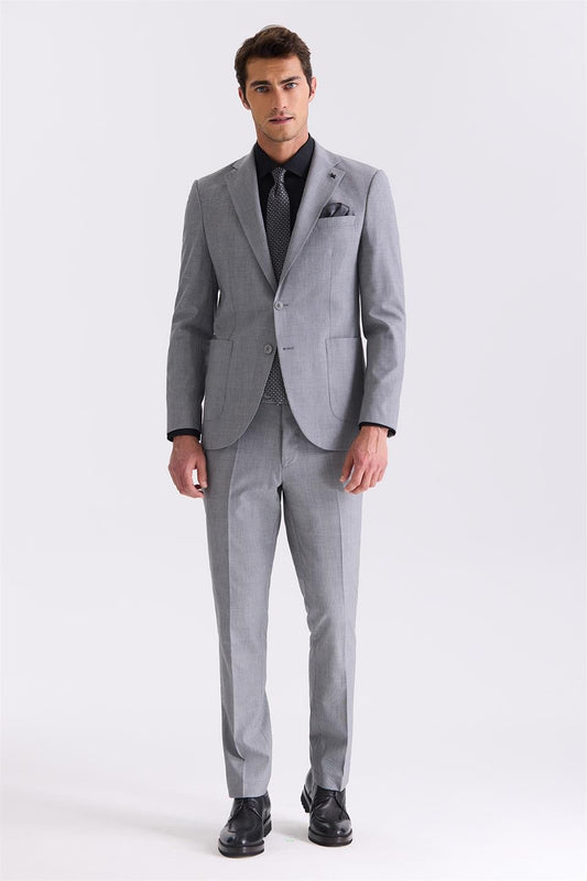 Gray Slim Fit Single Collar Wool Suit