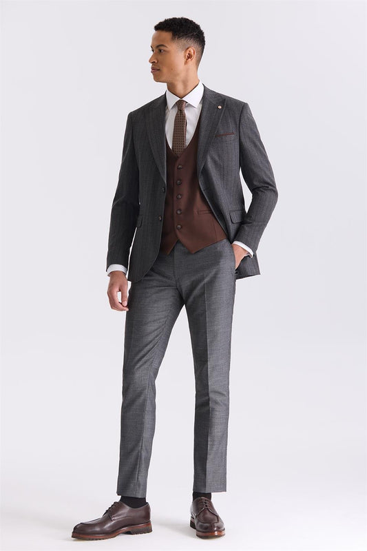 Anthracite Slim Fit Sharp Collar With Striped Collar And Jacket