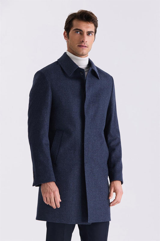 Dark Navy Comfort Fit Shirt Collar Brown Patterned Wool Collar Jacket