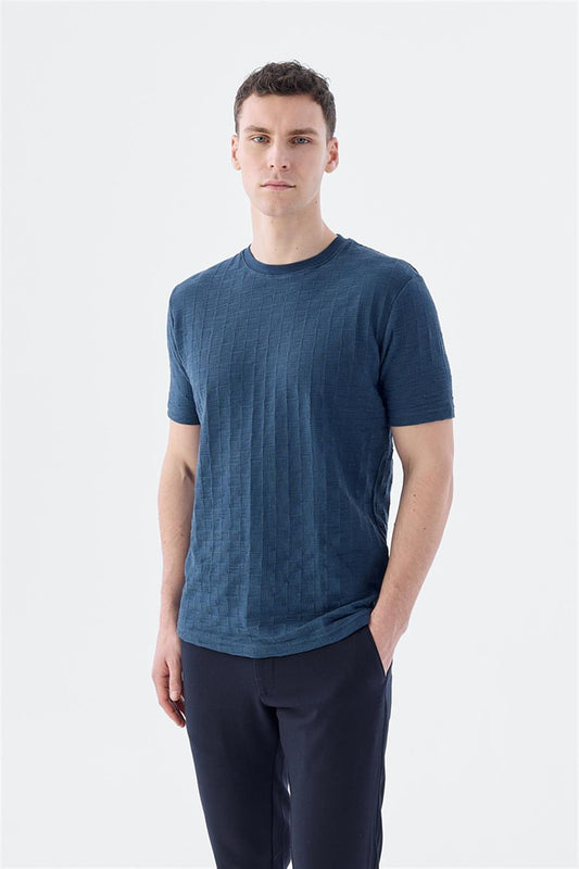 Navy Slim Fit Knitted Round Collar T Shirt