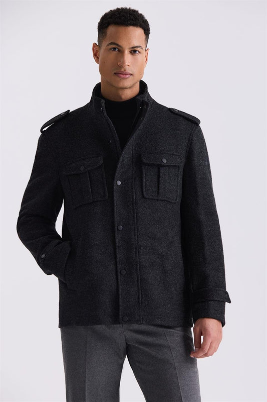 Black 1 Slim Fit Judge Collar Is A Sports Collar Jacket With A Pattern.