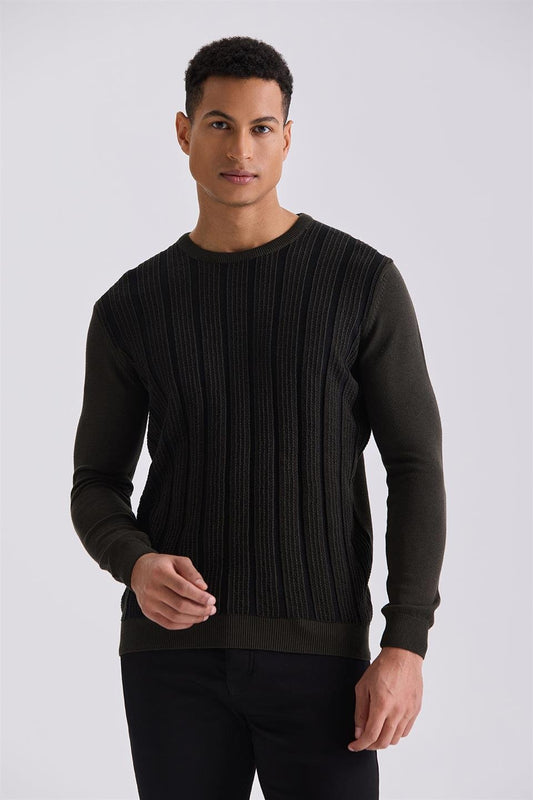 Khaki Slim Fit Round Collar Knitted Sweater With A Striped Pattern