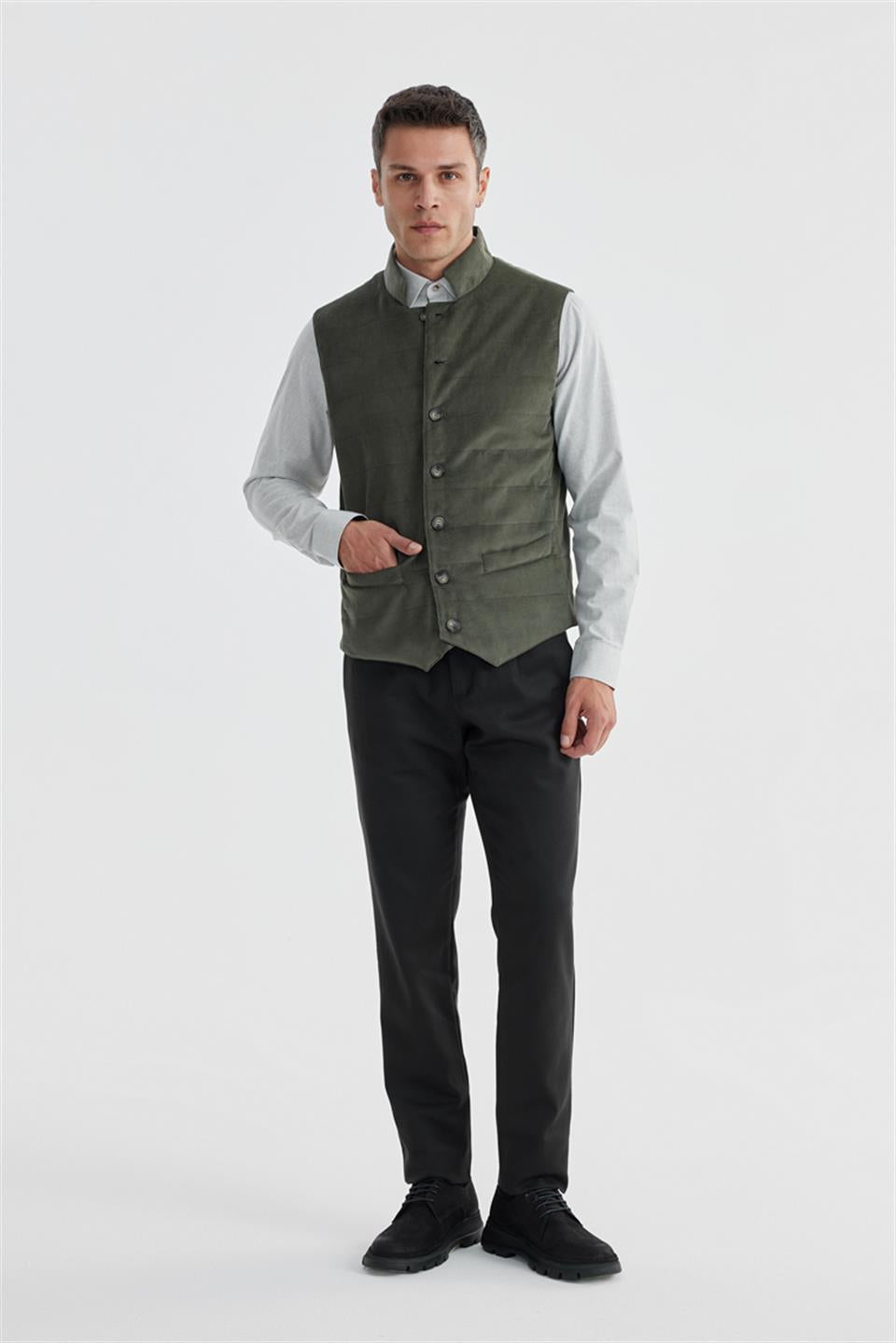 Khaki Judge Collar Slim Fit Vest With Two Sides