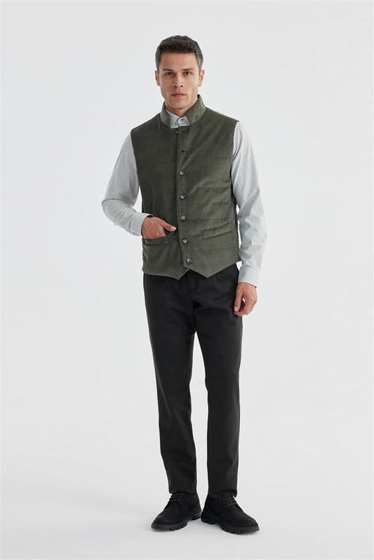 Khaki Judge Collar Slim Fit Vest With Two Sides