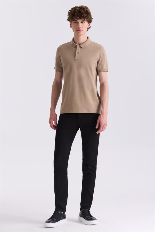 Beige Slim Fit Polo Collar T Shirt.
