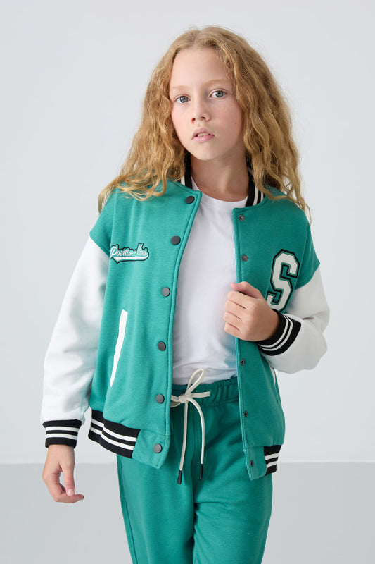 Cotton Fluffy Lined Soft Textured Standard Fit Embroidered Girls' College Jacket - 75163
