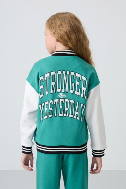 Cotton Fluffy Lined Soft Textured Standard Fit Embroidered Girls' College Jacket - 75163