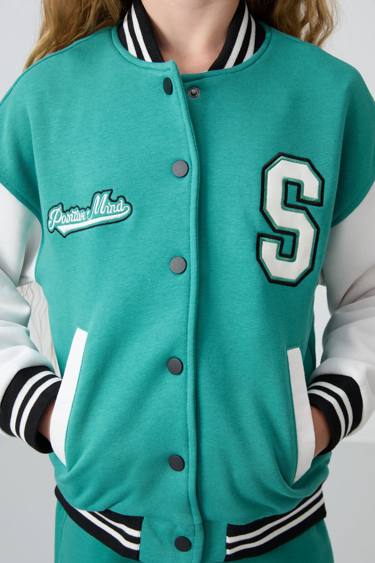 Cotton Fluffy Lined Soft Textured Standard Fit Embroidered Girls' College Jacket - 75163