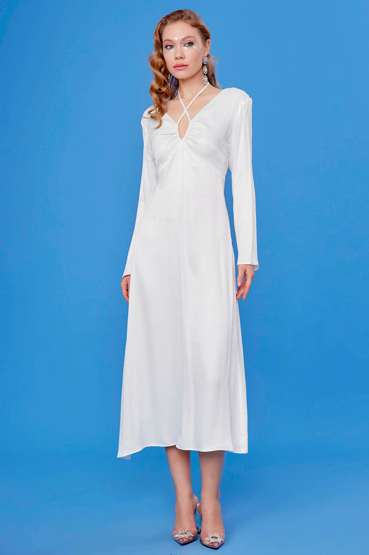 LONG SATIN DRESS WITH DEEP V CLEAVAGE
