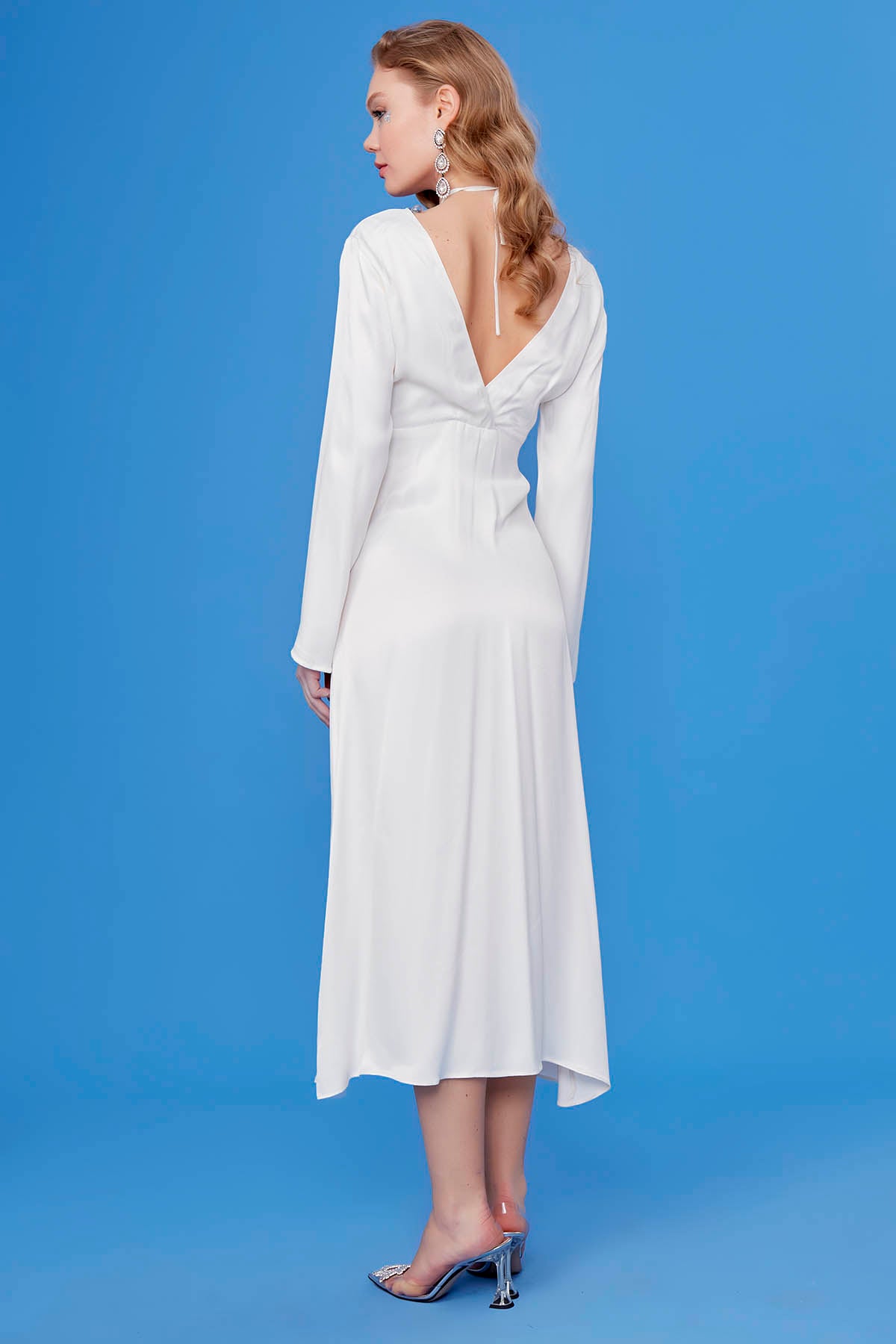 LONG SATIN DRESS WITH DEEP V CLEAVAGE