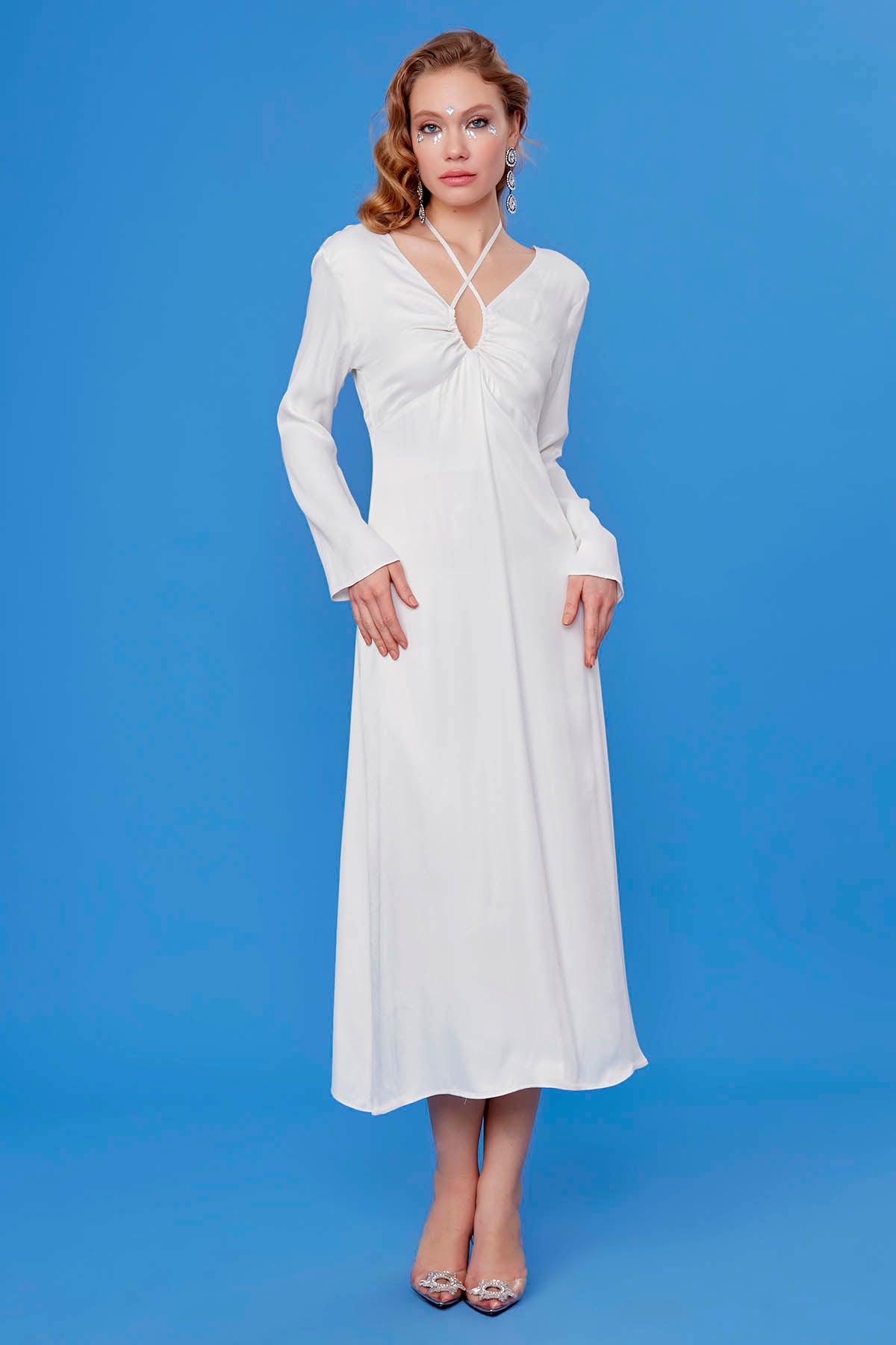 LONG SATIN DRESS WITH DEEP V CLEAVAGE