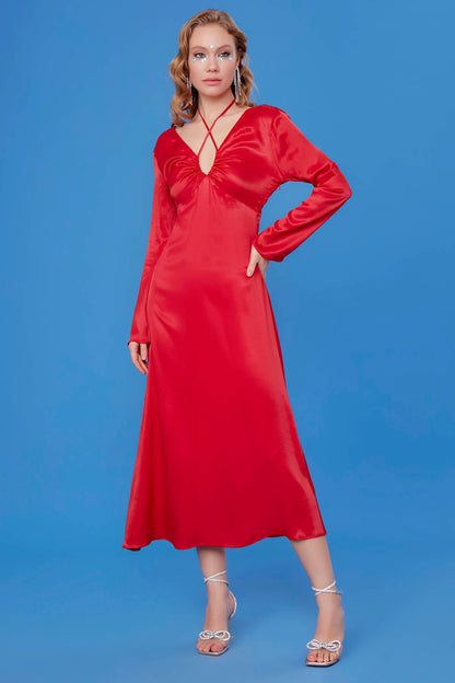 LONG SATIN DRESS WITH DEEP V CLEAVAGE