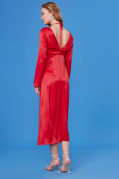 LONG SATIN DRESS WITH DEEP V CLEAVAGE