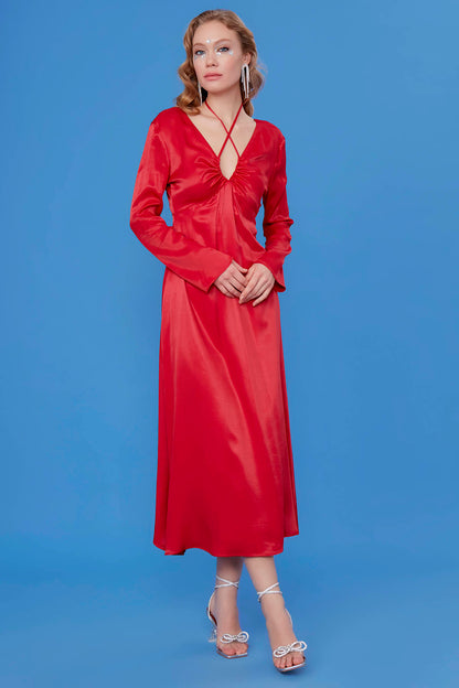 LONG SATIN DRESS WITH DEEP V CLEAVAGE