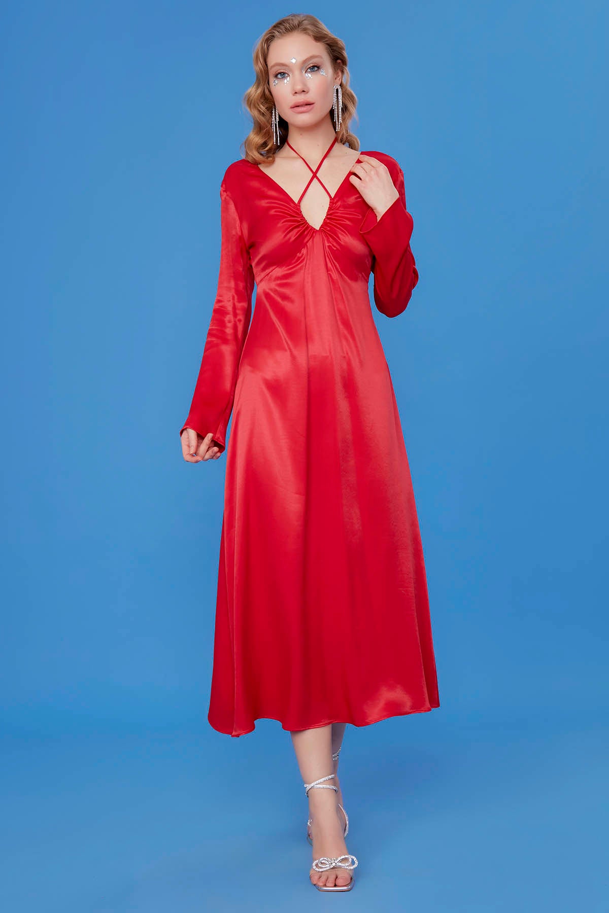LONG SATIN DRESS WITH DEEP V CLEAVAGE