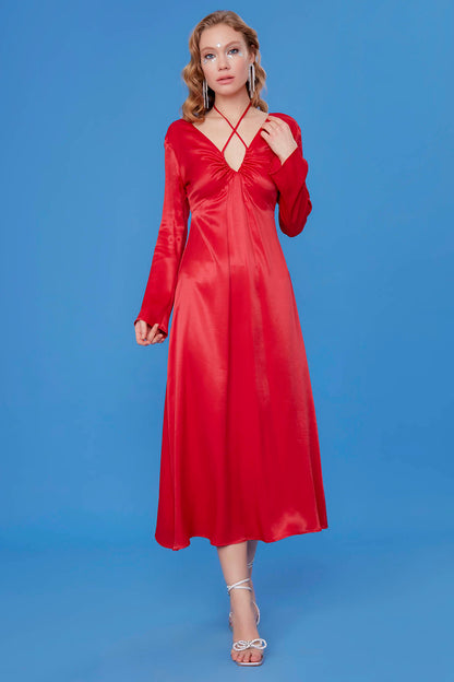 LONG SATIN DRESS WITH DEEP V CLEAVAGE