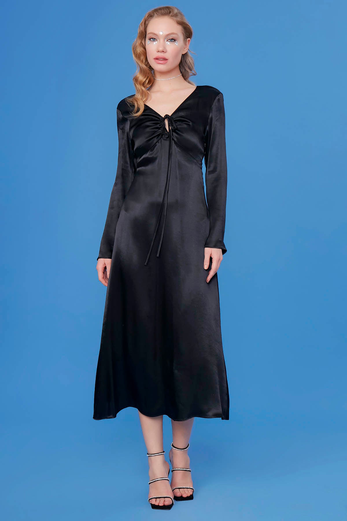 LONG SATIN DRESS WITH DEEP V CLEAVAGE