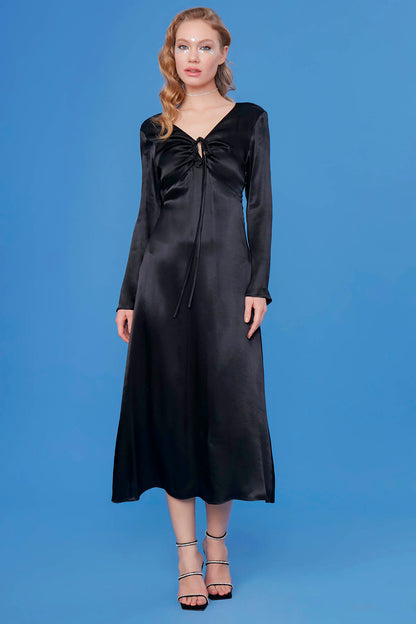 LONG SATIN DRESS WITH DEEP V CLEAVAGE