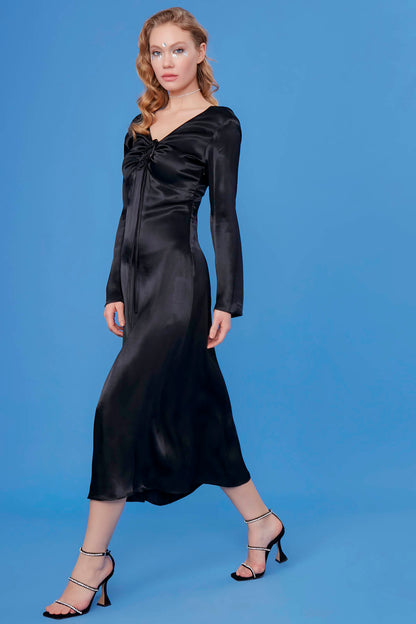 LONG SATIN DRESS WITH DEEP V CLEAVAGE