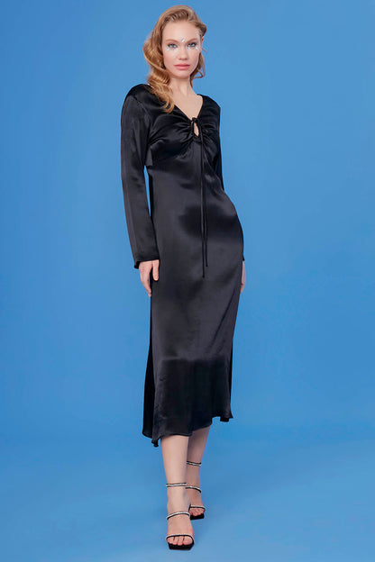 LONG SATIN DRESS WITH DEEP V CLEAVAGE
