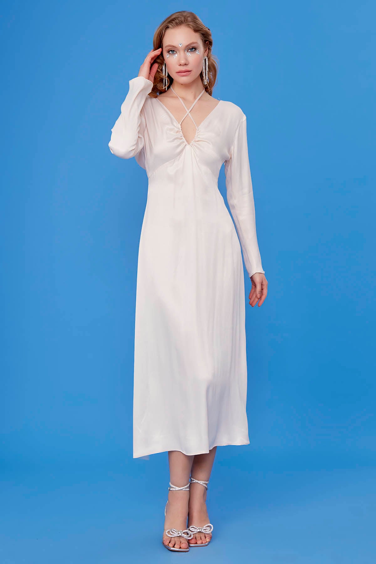 LONG SATIN DRESS WITH DEEP V CLEAVAGE