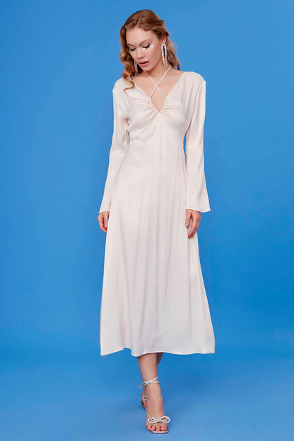 LONG SATIN DRESS WITH DEEP V CLEAVAGE