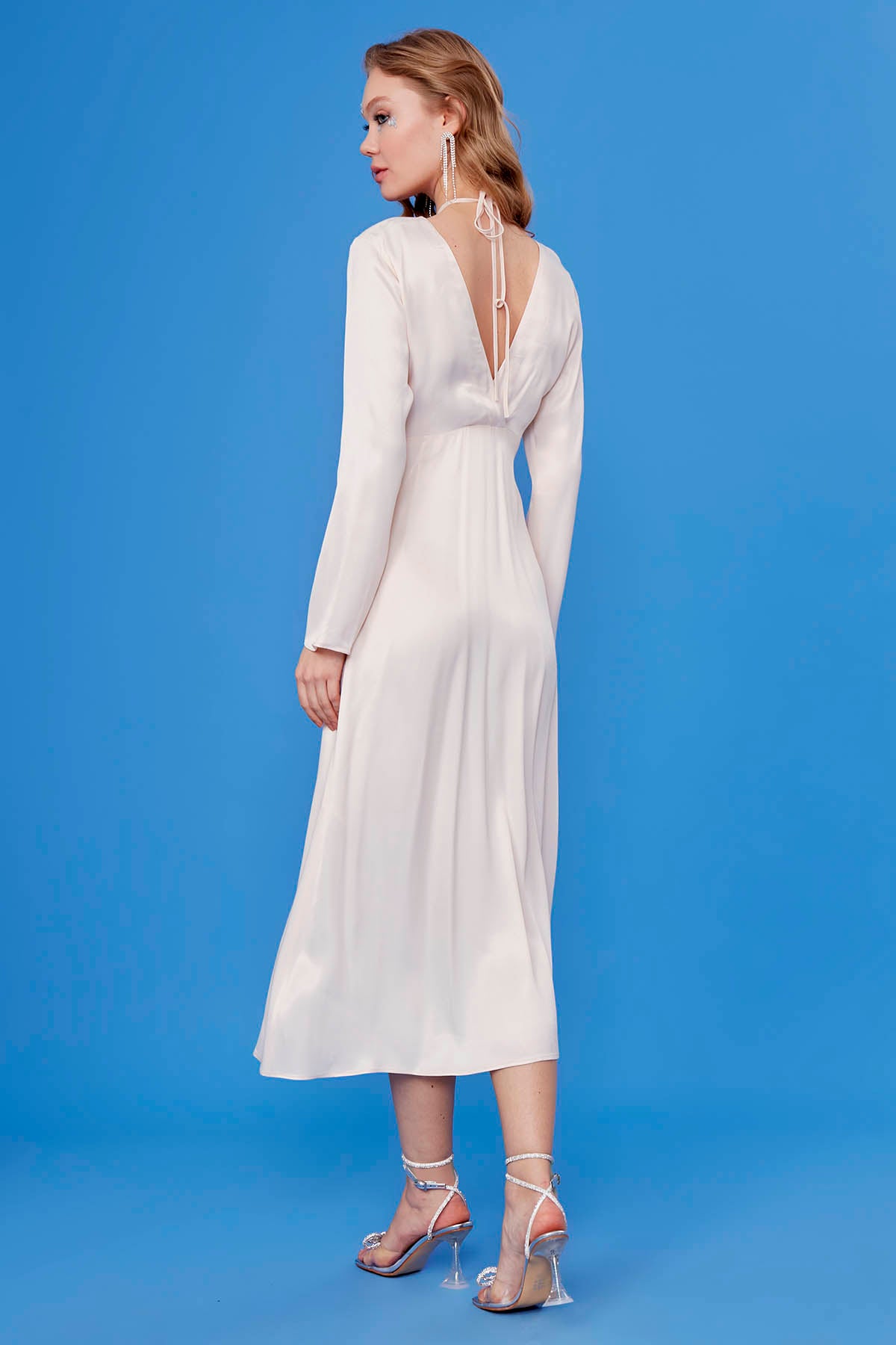 LONG SATIN DRESS WITH DEEP V CLEAVAGE