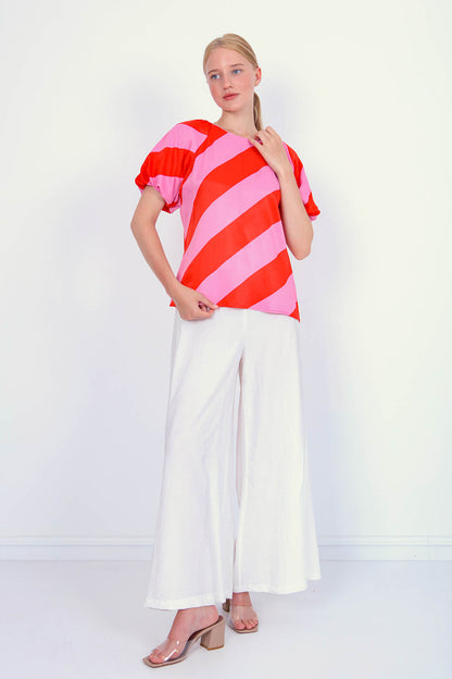 THICK DIAGONAL LINE PATTERNED LOOSE SLEEVE BLOUSE