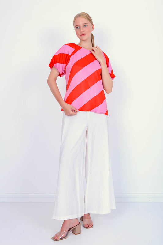 THICK DIAGONAL LINE PATTERNED LOOSE SLEEVE BLOUSE