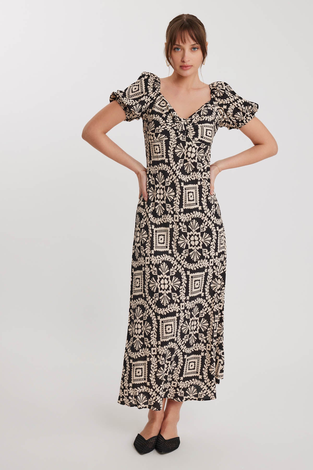 ETHNIC PATTERNED LOOSE SLEEVE LONG DRESS
