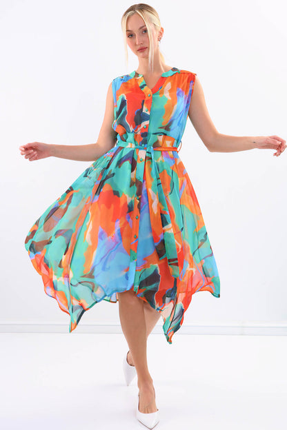 MULTICOLOR PATTERNED IN-LINE BELT BINDING DRESS