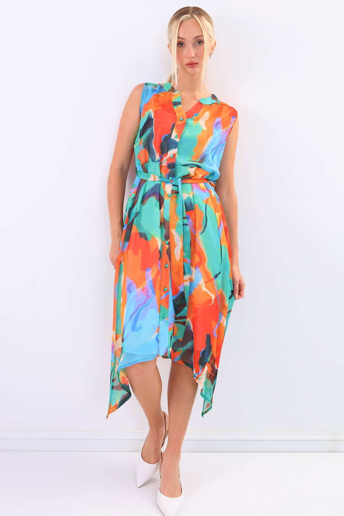 MULTICOLOR PATTERNED IN-LINE BELT BINDING DRESS
