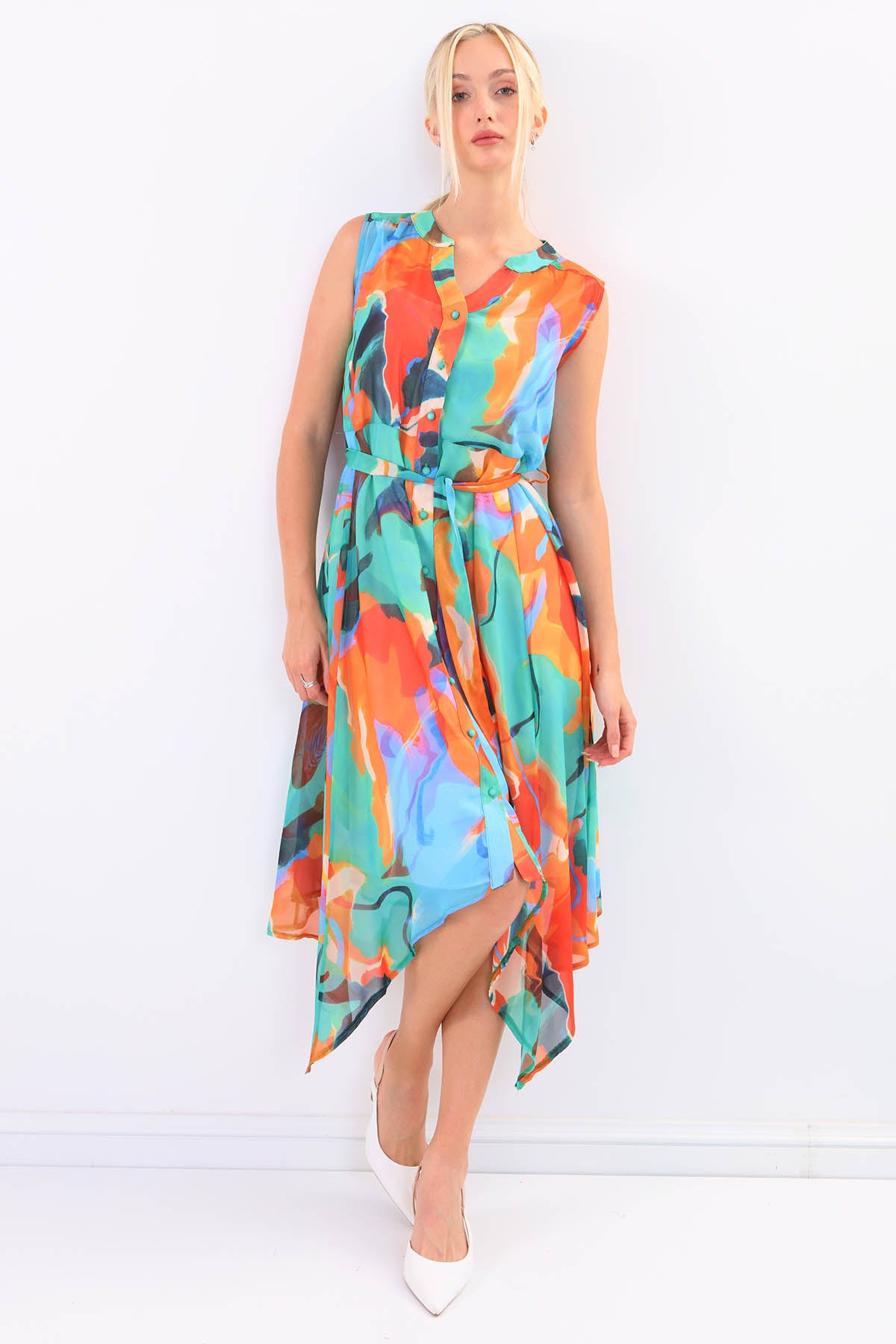 MULTICOLOR PATTERNED IN-LINE BELT BINDING DRESS
