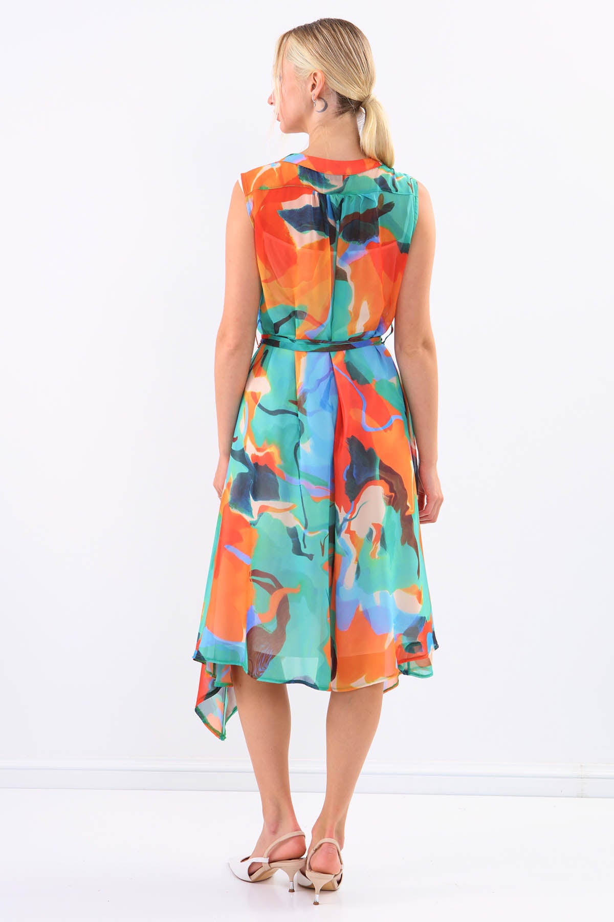 MULTICOLOR PATTERNED IN-LINE BELT BINDING DRESS