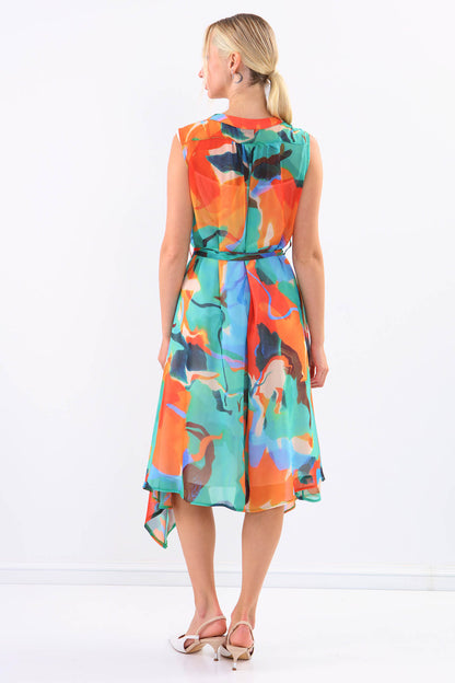 MULTICOLOR PATTERNED IN-LINE BELT BINDING DRESS