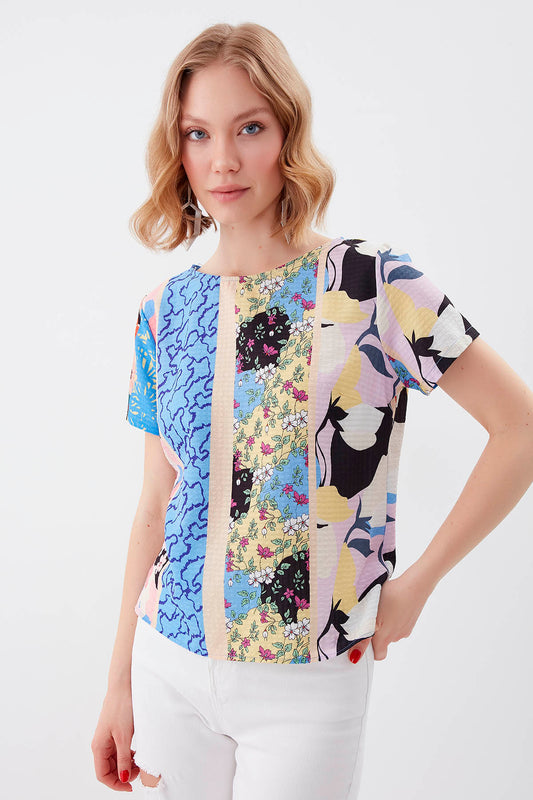 MULTI PATTERNED SHORT SLEEVE BLOUSE
