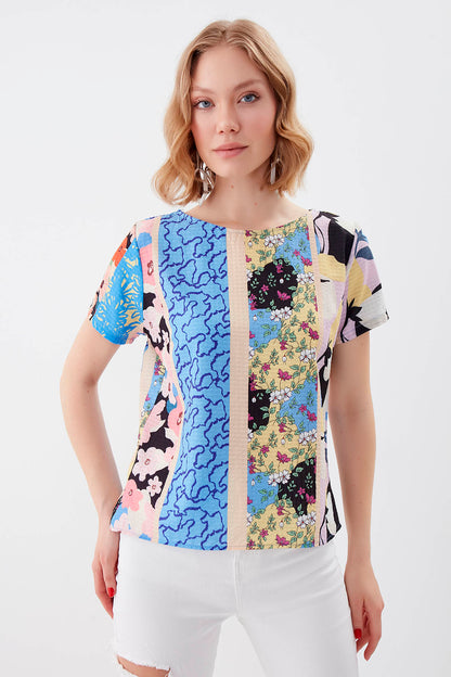 MULTI PATTERNED SHORT SLEEVE BLOUSE
