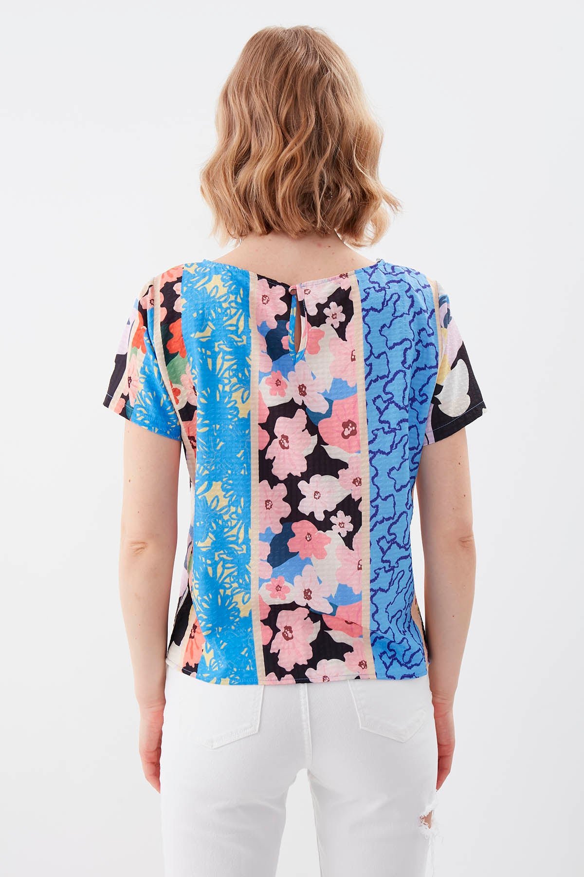 MULTI PATTERNED SHORT SLEEVE BLOUSE